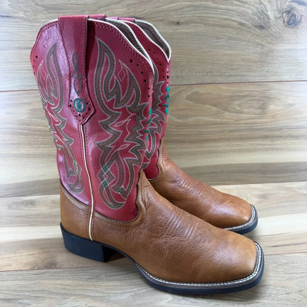 Tony‎ Lama 3R Youth Big Boys 7.5 Brown Leather Square Toe Western Boots